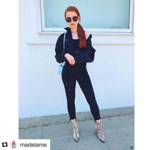 Madelaine Petsch featured in the RHODA faux snake boots